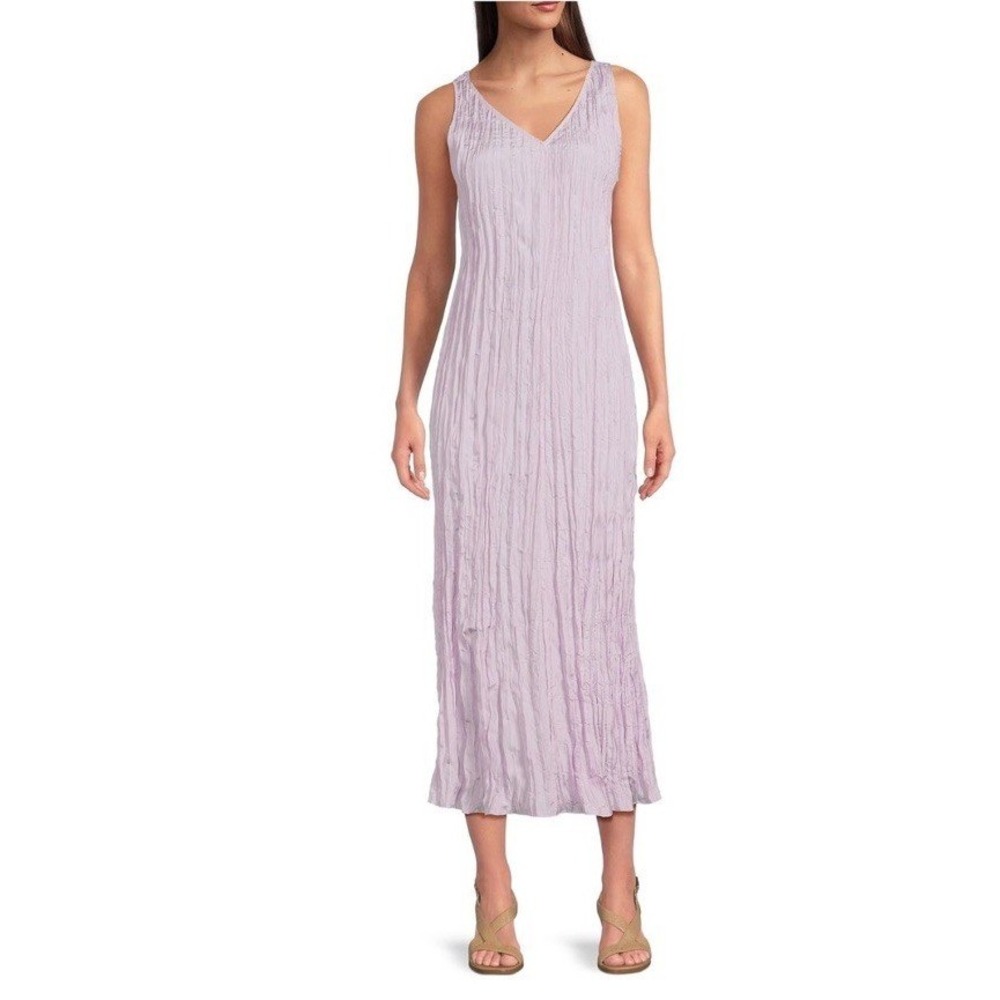 Eileen Fisher Womens Crushed Silk Pleated Maxi Dress Size XL V-Neck Wisteria NWT